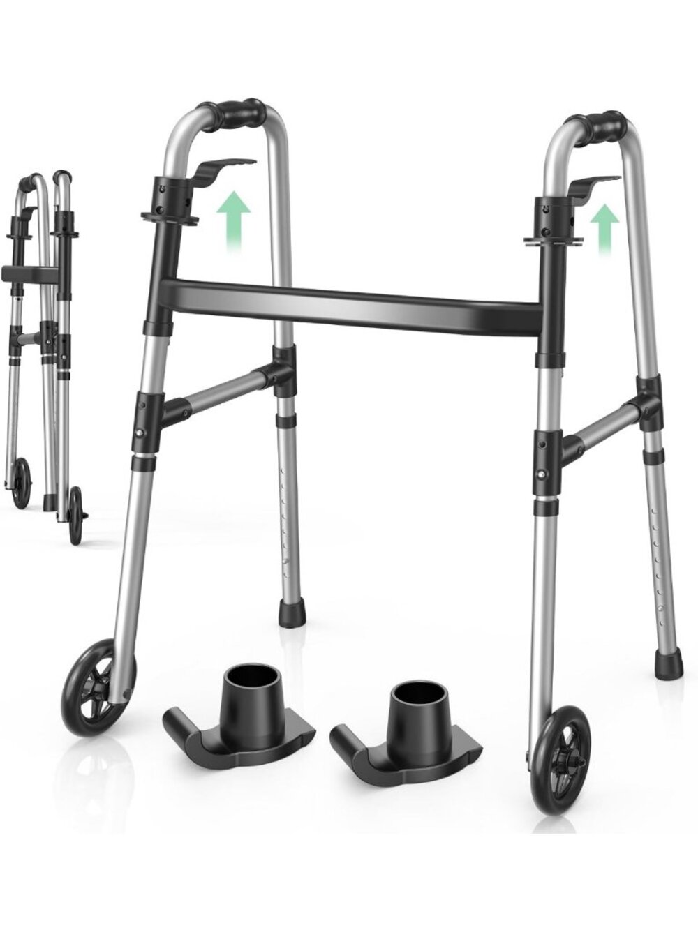 Lightweight Folding Walker with 2 Skis & 5" Wheels for Easy Mobility, Black